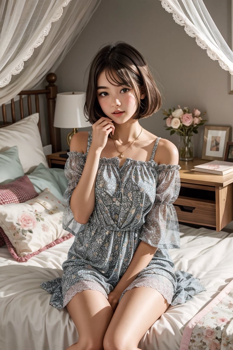 A beautiful teenage girl with a cute bob haircut sits on her plush bed, her legs curled underneath her. Her large, expressive eyes peer out from beneath long lashes, capturing the viewer's attention. She's wearing a soft, cotton nightgown in a pretty floral print, the lace trimming at the neck and sleeves accentuating her delicate features. One arm is draped over a pile of stuffed animals, her other hand absently twirling a strand of hair around her finger. The room is painted in soothing pastels, with a canopy bed covered in a quilt adorned with more flowers. A small desk sits in the corner, holding a lamp and a few framed photos. The girl's favorite books and toys are scattered about, creating a cozy, inviting atmosphere