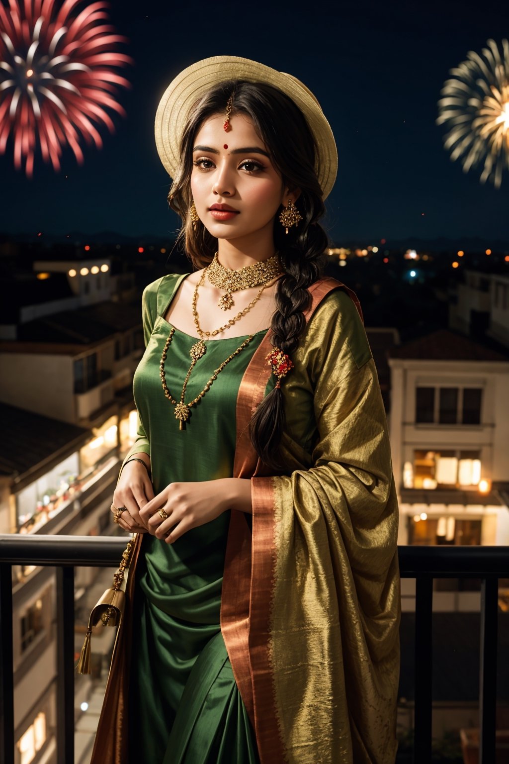 A beautiful Indian woman, her dark hair flowing down, adorned with intricate braids and sparkling jewelry. Her olive skin glows against the warm light of the New Year's Eve celebration. Wearing casual attire:1.4, She stands in the balcony of a lavish apartment, overlooking a bustling street below, where people have gathered to witness the awe-inspiring fireworks display. The woman is dressed in a cozy and comfy attire, typical of Indian celebrations, consisting of a loose-fitting kurta and matching bottoms. She accessorizes her ensemble with a traditional New Year's hat, adorned with colorful ribbons and sparkling tassels, as well as a strand of glowing necklaces around her neck., cinematic shot, dynamic lighting, 75mm, Technicolor, Panavision, cinemascope, sharp focus, fine details, 8k, HDR, realism, realistic, key visual, film still, superb cinematic color grading, depth of field, natural beauty