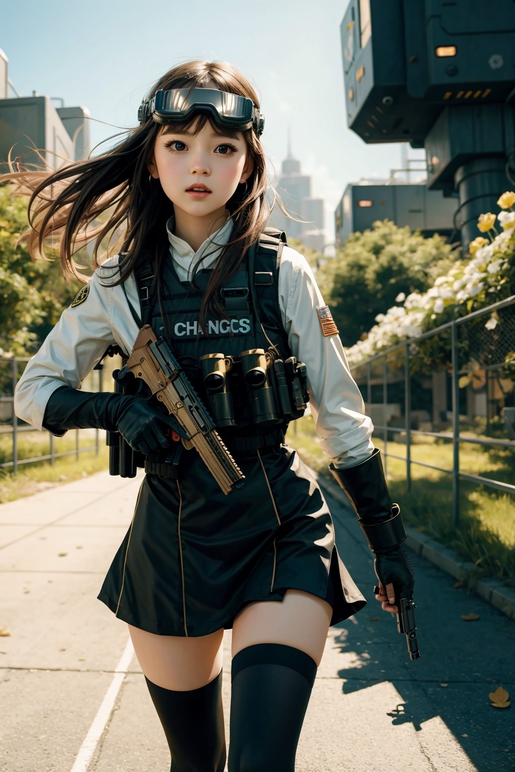 (A stunningly realistic oil painting) of a (cute and  kawaii anime girl) standing confidently, her petite body adorned in a frilly outfit. (Happy), (Her big, expressive eyes look determined and ready for action) as (((she aims her sci-fi handguns:1.4))) carefully. The background fades into an abstract expressionist landscape of swirling colors and shapes, adding to the whimsical and daring atmosphere. (Cute accessories:1.4), (Ballistic Goggles). The image is now more colorful and vibrant, with a cel shaded pop art style that makes it stand out. The girl is also wearing a bulletproof vest, which adds an extra layer of protection and readiness to her ensemble. In the background, there are various details like leaves and flowers, making the scene more interesting and engaging. (Her full body is visible:0.1), emphasizing her youthful energy and courage. The image now has shadows cast across her body, increasing the dramatic effect, and she appears to be in mid-step, ready to dodge or move out of the way. (Intricate details), (Zettai ryōiki), (Dimensional) (GuidanceScale=12) (OilPaintStyle) (CharlieBowater) (FineDetails) (Wlop) (TrendingOnArtStation) (VeryDetailed) (NaturalBeauty) (ChibiAnimeGirl)