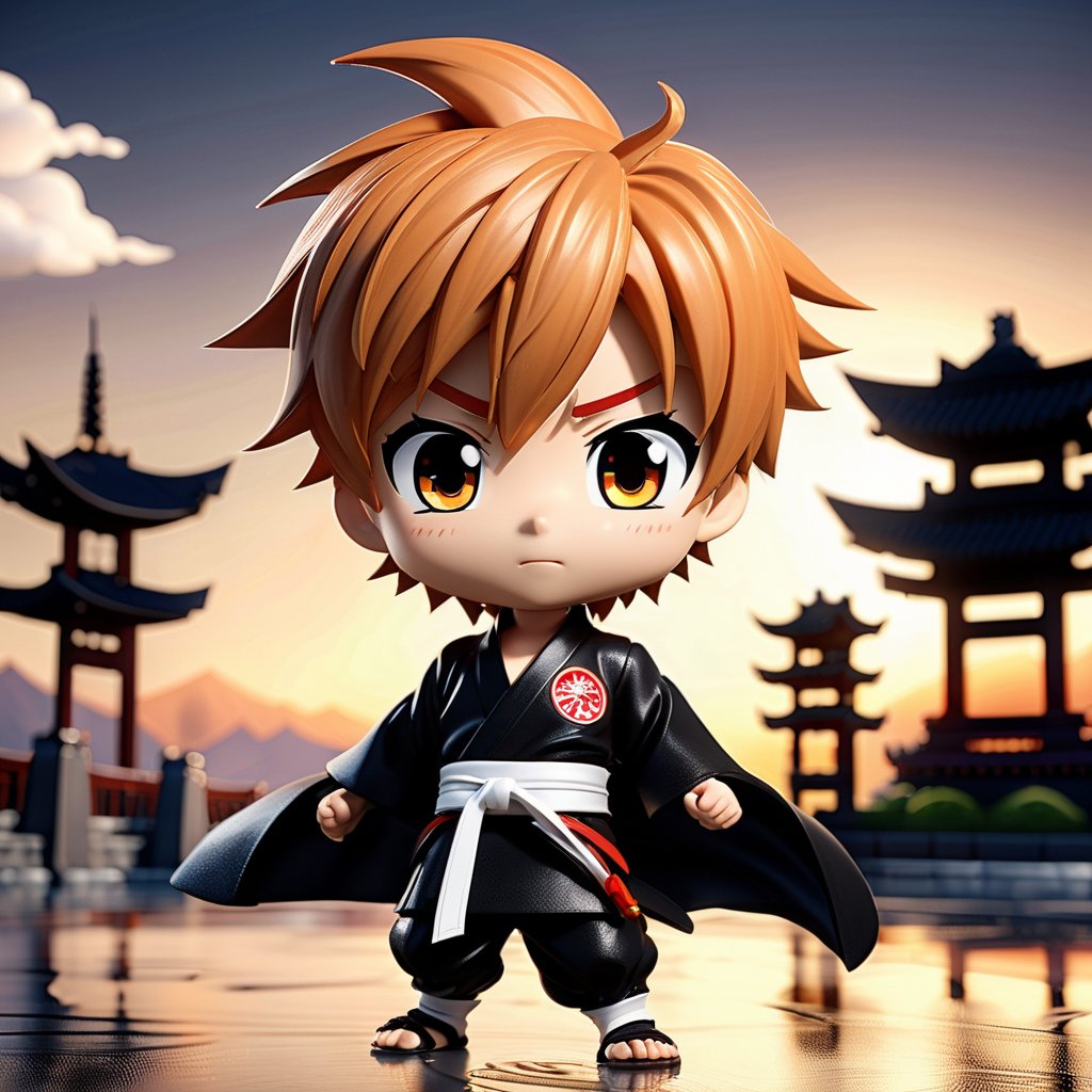 A little boy dressed as Ichigo kurosaki, full body, chibi , action pose, best quality, masterpiece, details), Japan in the background, volumetric lighting, dynamical lighting, reflection, reflective textures, depth of field, dramatic shadows, chibi style, highly intricate, highly detailed, highly textured hair, highly textured skin, wearing black kimono man, white belt, highly textured outfit, quality render,