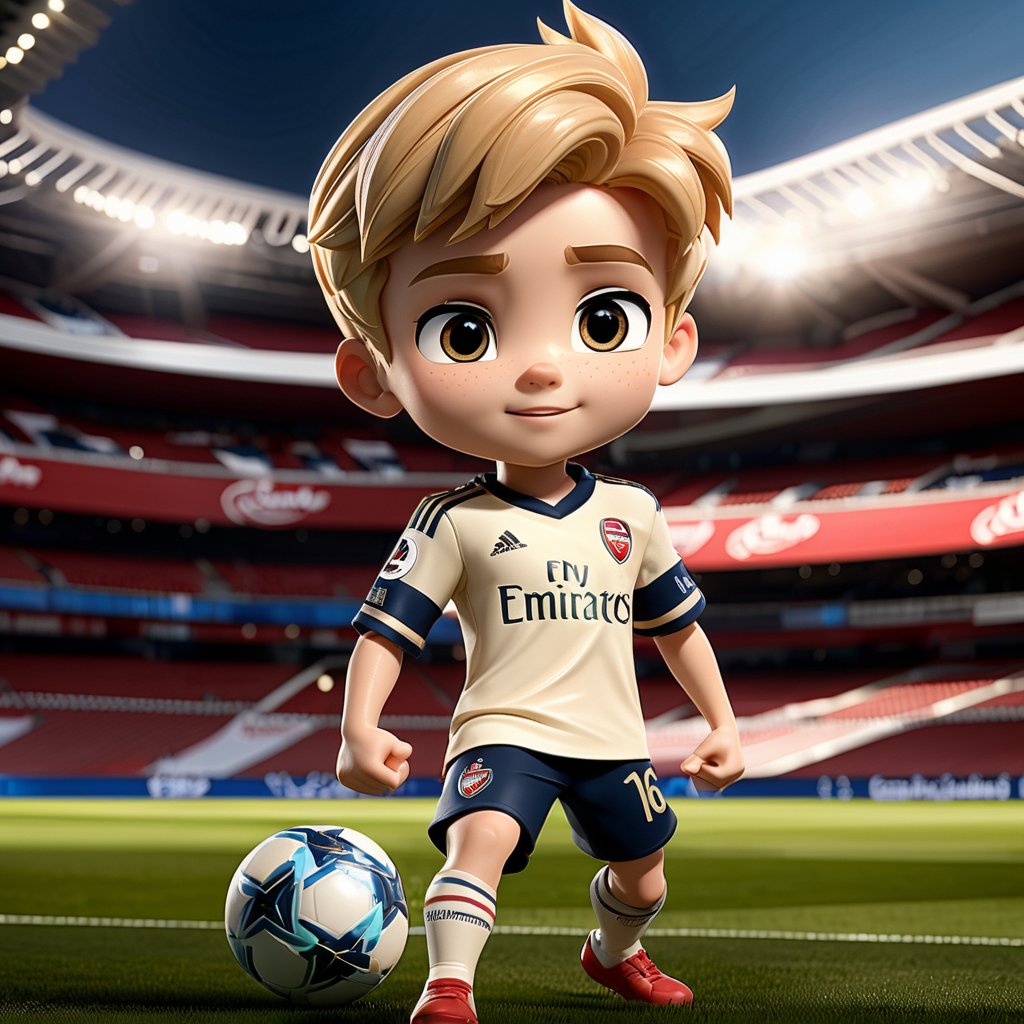 A little boy dressed as Martin Odegaard, full body, chibi , action pose, best quality, masterpiece, details), Emirates stadium field in the background, volumetric lighting, dynamical lighting, reflection, reflective textures, depth of field, dramatic shadows, chibi style, highly intricate, highly detailed, highly textured hair, highly textured skin, highly textured clothing, quality render,