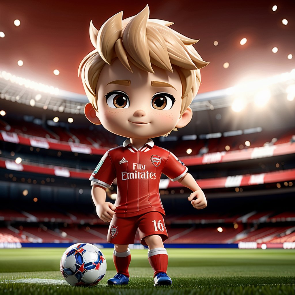 A little boy dressed as Martin Odegaard, full body, chibi , action pose, best quality, masterpiece, details), Emirates stadium field in the background, volumetric lighting, dynamical lighting, reflection, reflective textures, depth of field, dramatic shadows, chibi style, highly intricate, highly detailed, highly textured hair, highly textured skin, highly textured clothing, quality render, Red shirt, white pants