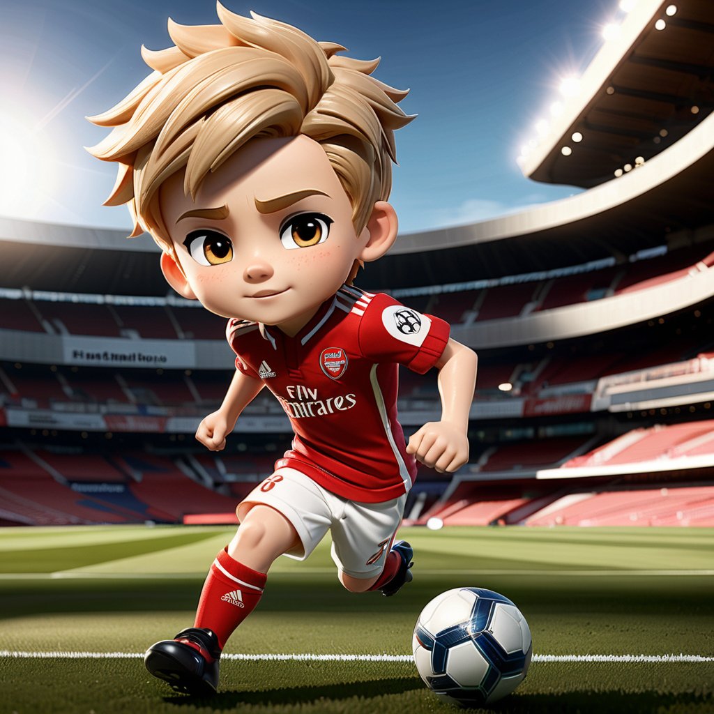 A little boy dressed as Martin Odegaard, full body, chibi , action pose, best quality, masterpiece, details), Emirates stadium field in the background, volumetric lighting, dynamical lighting, reflection, reflective textures, depth of field, dramatic shadows, chibi style, highly intricate, highly detailed, highly textured hair, highly textured skin, highly textured clothing, quality render, Red shirt, white pants