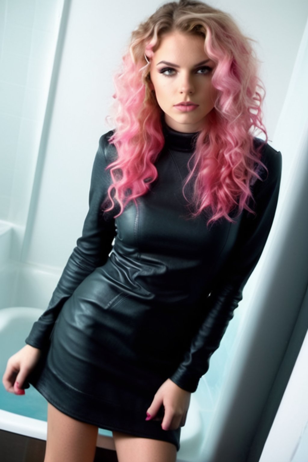 full body head to toes image of a 20 year old lady with angry_face and ((pink curly long hair)),viewing from the floor up to the face,  ((Mock Neck Illusion Long Sleeve very short black minidress Black Leather)), stiletto heels,  ((sitting on bathside)), ((dimmed light)), ((legs spread wide)), high detailed, dim light, HDR, lens 24-70mm, F2.8, photorealistic, ultra detailed, wide angle lens,JMF