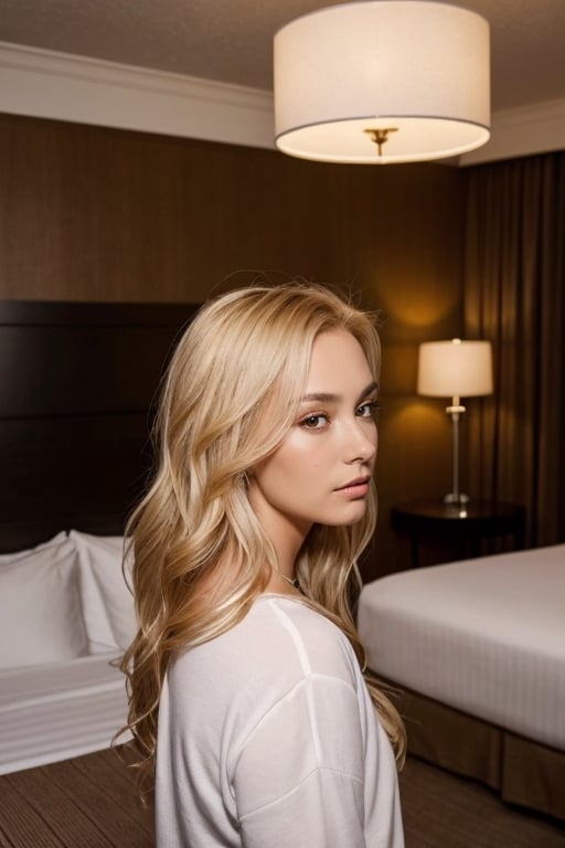 2girls called Sarah with long blonde hair, looking away from the camera, in Las Vegas hotel room at night time, instagram model, 80mm