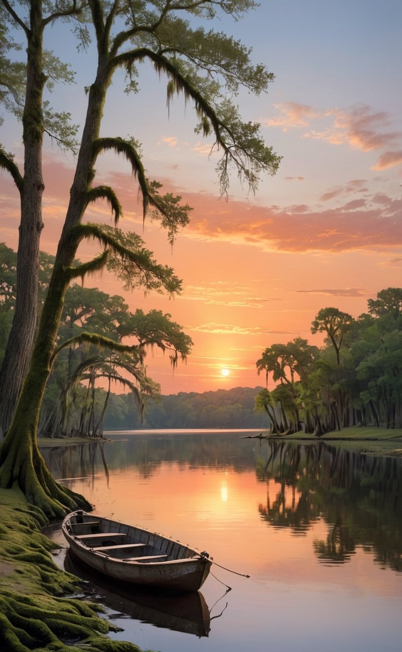 A serene sunset over the lazy waters of the Mississippi River in the southern United States. The riverbank lined with moss-covered cypress trees, their twisted roots dipping into the gentle current. A quaint fishing boat with a weathered, wooden hull gliding along the river's surface. The warm, orange hues of the setting sun casting long, tranquil reflections on the water. | finely-detailed, perfect focus, sharp, vibrant, subject-background isolation