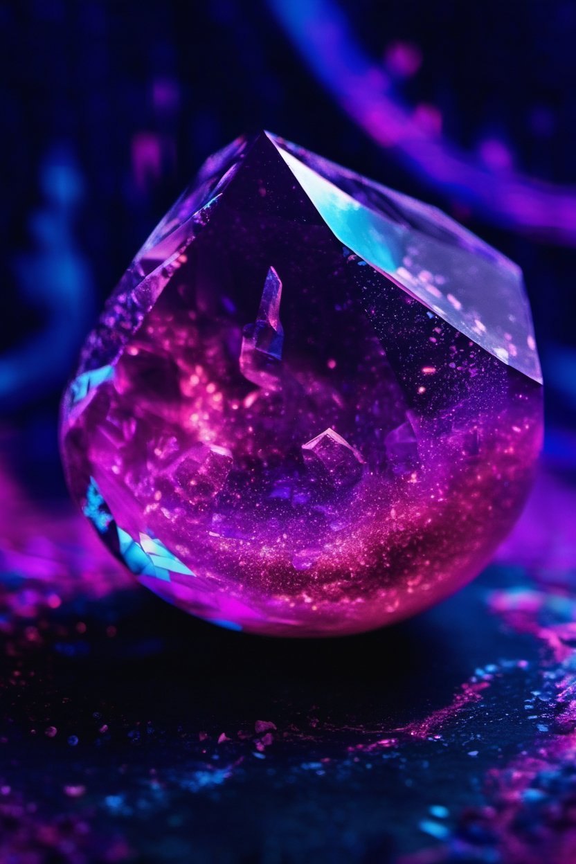 still life| ethereal and enchanting| UV blacklight illumination| centered composition to highlight the crystal| dark backdrop with faint nebula-like patterns| deep purples, blues, and vibrant pinks| fantasy-inspired| a mesmerizing crystal emitting a fluorescent glow, adorned with intricate blacklight makeup
