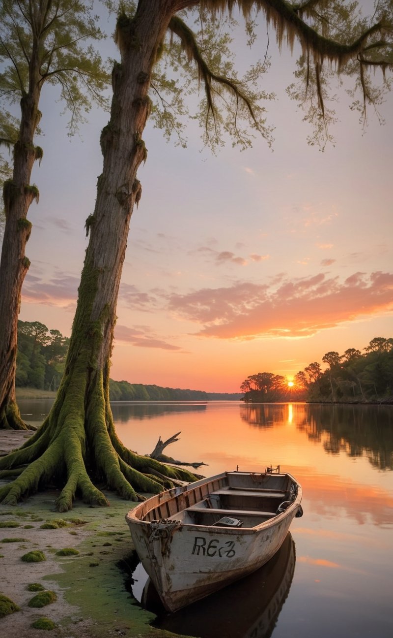 A serene sunset over the lazy waters of the Mississippi River in the southern United States. The riverbank lined with moss-covered cypress trees, their twisted roots dipping into the gentle current. A quaint fishing boat with a weathered, wooden hull gliding along the river's surface. The warm, orange hues of the setting sun casting long, tranquil reflections on the water. | finely-detailed, perfect focus, sharp, vibrant, subject-background isolation