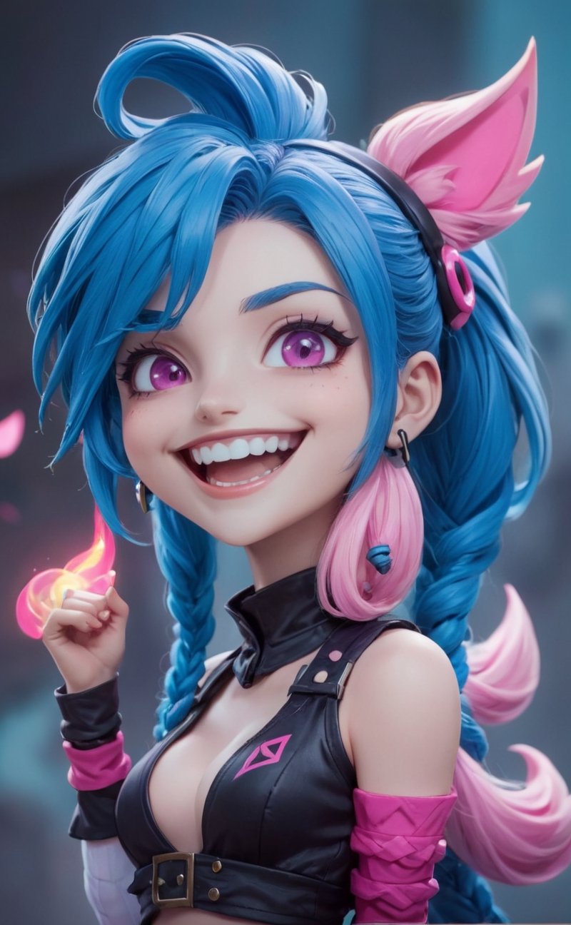 anime network, chibi, Jinx (league of legends), manic, mischievous, blue hair, pink eyes, big grin, pastel colors | finely-detailed, perfect focus, sharp, vibrant, subject-background isolation