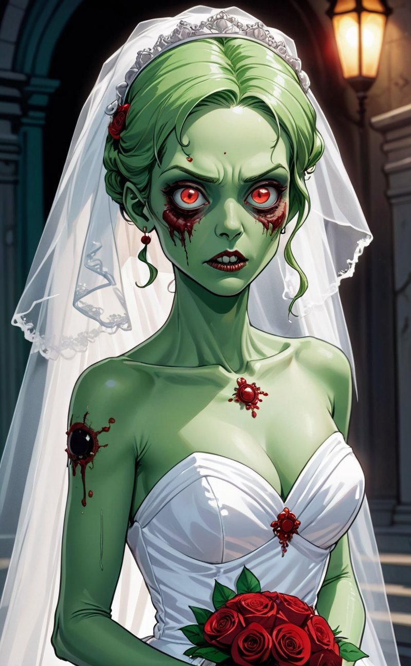 a viscious green-skinned zombie bride with red eyes wearing a white wedding dress | vividly expressive comic book art with high-definition toon-shaded cel anime aesthetics, meticulously hand-crafted 2D manual illustration, featuring striking bold black outlines for dynamic subject-background isolation.