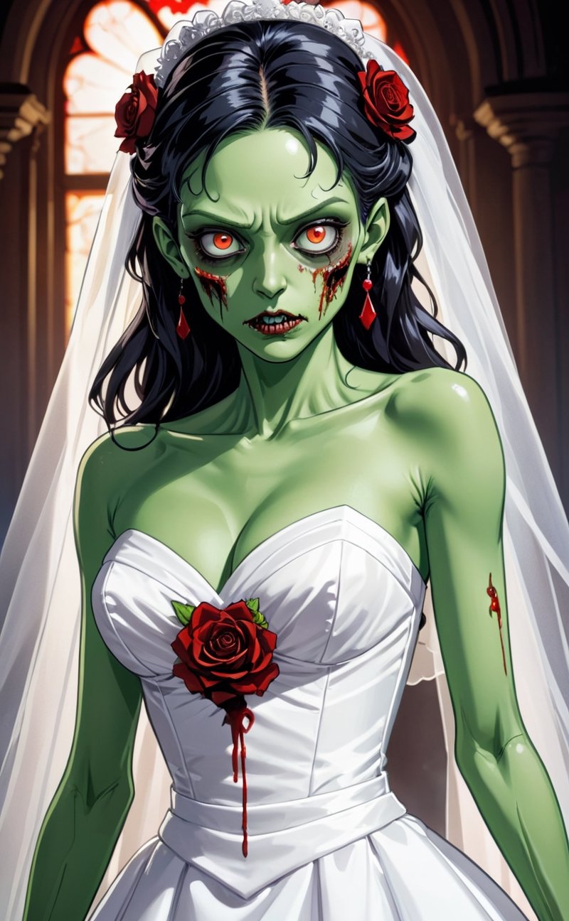 a viscious green-skinned zombie bride with red eyes wearing a white wedding dress | vividly expressive comic book art with high-definition toon-shaded cel anime aesthetics, meticulously hand-crafted 2D manual illustration, featuring striking bold black outlines for dynamic subject-background isolation.