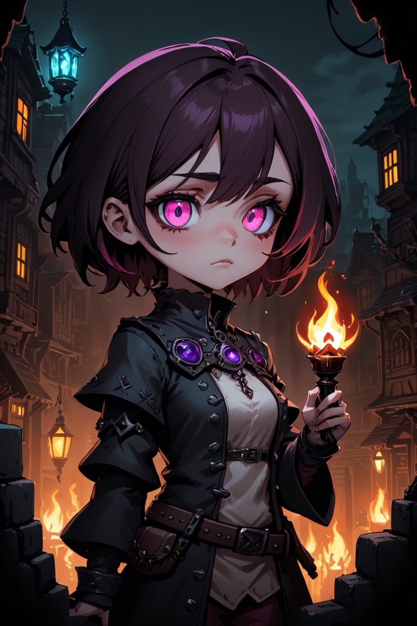 masterpiece, best quality, highly detailed, sharp focus, chibi, luminism, neon lit, dark fantasy, lowbrow, 1girl, vibrant glass eyes, darkest dungeon, town of salem