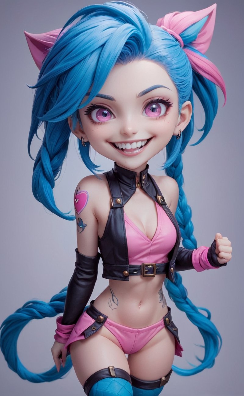 anime network, chibi, Jinx (league of legends), manic, mischievous, blue hair, pink eyes, big grin, pastel colors | finely-detailed, perfect focus, sharp, vibrant, subject-background isolation