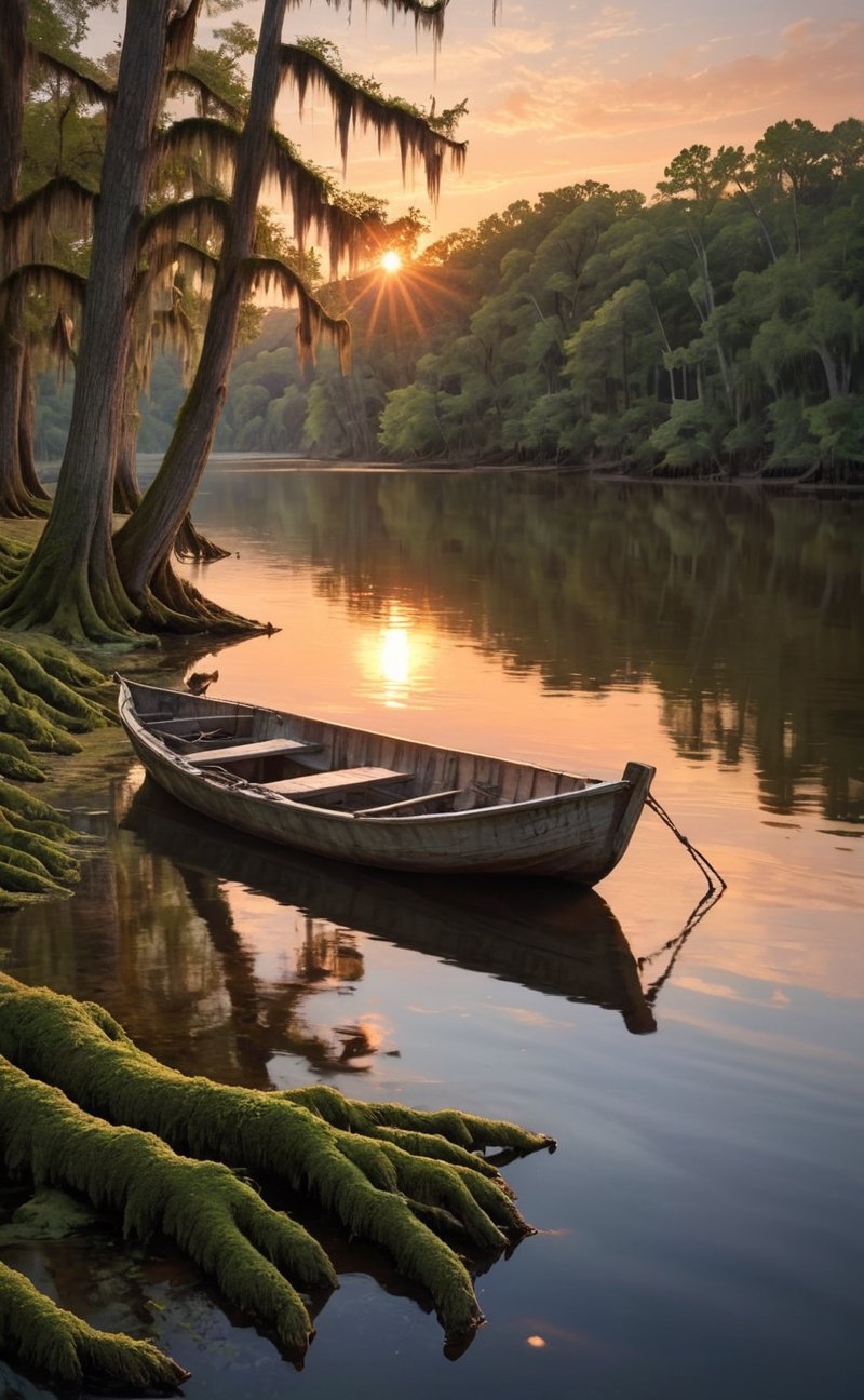 A serene sunset over the lazy waters of the Mississippi River in the southern United States. The riverbank lined with moss-covered cypress trees, their twisted roots dipping into the gentle current. A quaint fishing boat with a weathered, wooden hull gliding along the river's surface. The warm, orange hues of the setting sun casting long, tranquil reflections on the water. | finely-detailed, perfect focus, sharp, vibrant, subject-background isolation