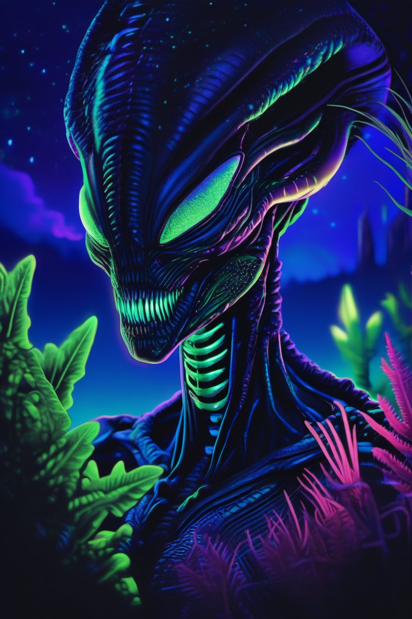 hyperrealistic illustration| eerie and otherworldly| fluorescent blacklight illumination| dynamic framing, showcasing intricate alien details| alien landscape with bioluminescent plants| deep blues and neon greens| sci-fi concept art| reptilian xenomorph alien intricate blacklight makeup