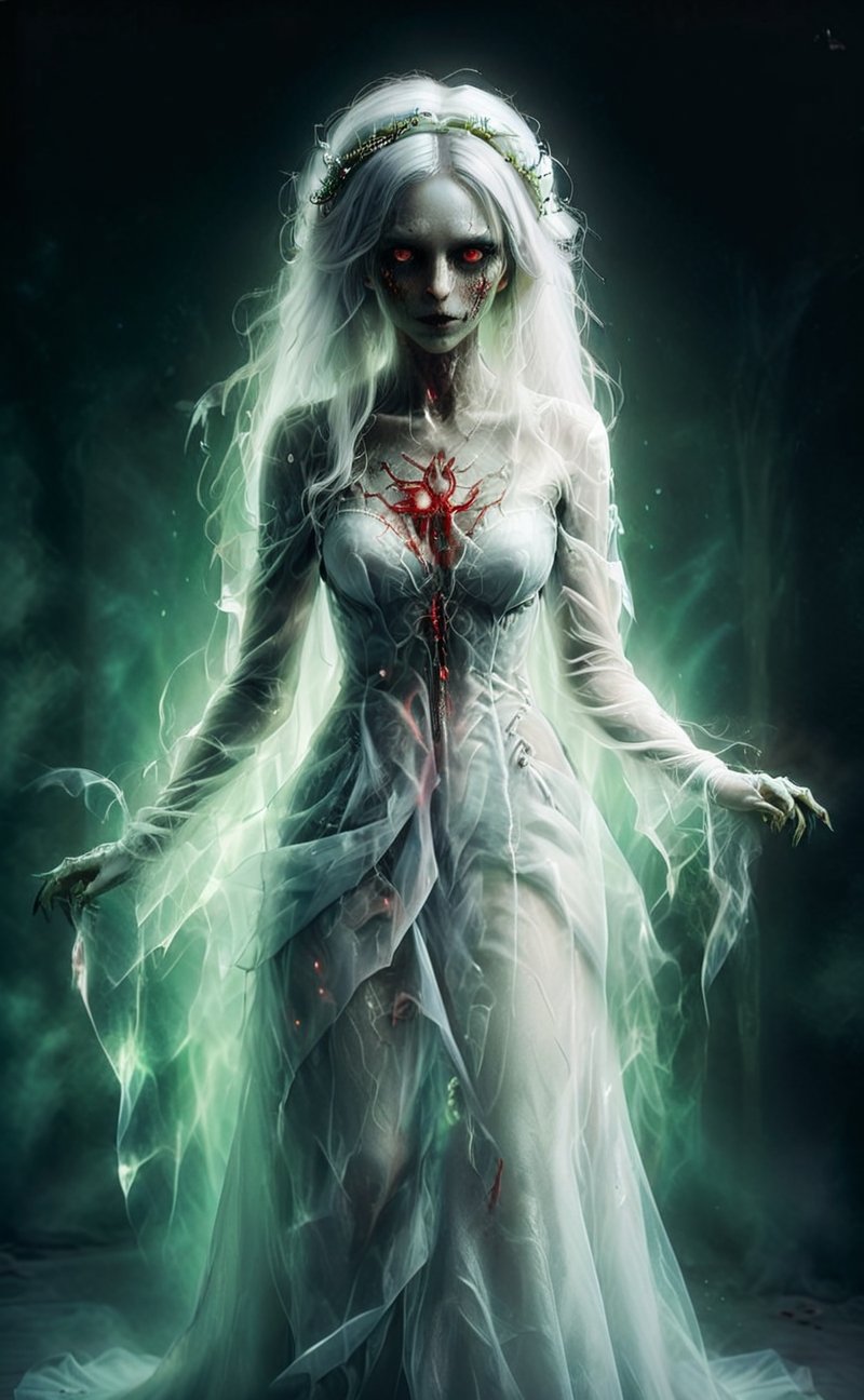 a viscious green-skinned transparent translucent ghost zombie bride with red eyes wearing a white wedding dress | vividly expressive comic book art with high-definition toon-shaded cel anime aesthetics, meticulously hand-crafted 2D manual illustration, featuring striking bold black outlines for dynamic subject-background isolation.,DonMD3m0nXL 