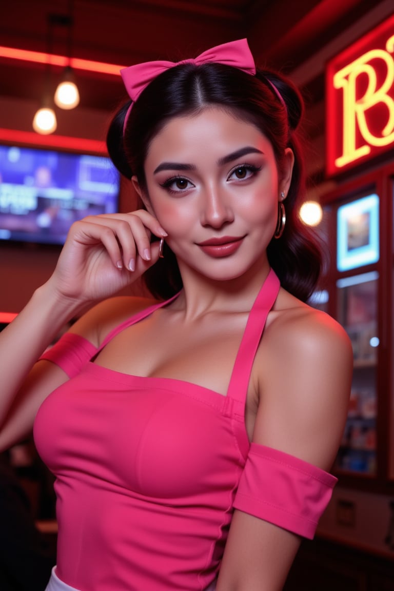 realistic photographic of a stunningly beautiful woman, a charming pin-up waitress model, sporting a vibrant pink uniform with a playful apron, engaging, flirty smile, atmospheric, irresistible gaze, sexy, masterpiece, best quality, dark and light neon mix, masterpiece midjourneyv6.1, volumetric lighting, expressive, warm colors, extreme energy, dynamic posing,