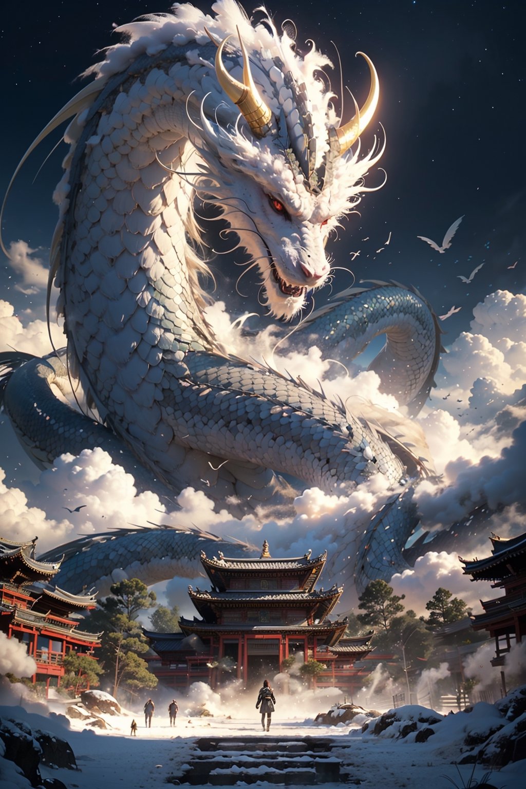 BJ_Sacred_beast,red_eyes,outdoors,horns,sky,cloud,no_humans,bird,cloudy_sky,scenery,stairs,fantasy,dragon,architecture,east_asian_architecture,eastern_dragon,cinematic lighting,strong contrast,high level of detail,Best quality,masterpiece,lora:Sacred_beast_v1.2:0.7,