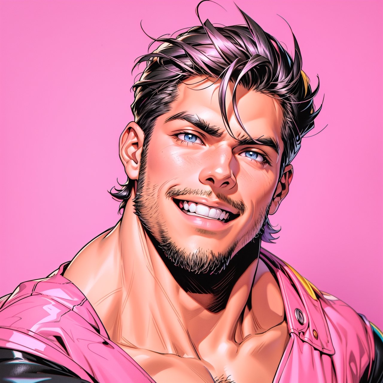 vaporwave, 26 years old male, smile, look happy, super short hair, muscle stubble, 90s retro anime,3DMM clay rendering, High detailed,Color magic, black hair,full body