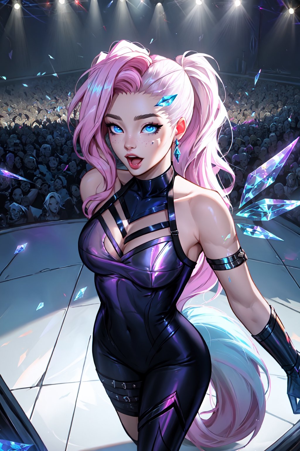 seraphine_lol, seraphine, league_of_legends, k/da (league of legends), piltover, league_of_legends, seraphine champs, concert, iluminacion glow, blueeyes shiny, camera_view, top_view, singing, self_shot,seraphine1m tail pony hairstyle. long hair, anatomy_good 