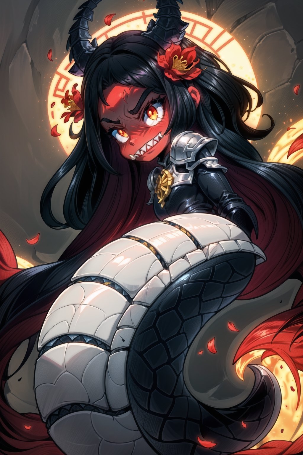 a red and gold demon with sharp teeth, wearing a helmet. The helmet is decorated with intricate patterns of flowers and other shapes in shades of black, white, and grey. The demon's face is mostly obscured by the helmet but its eyes are visible through two small slits. Its mouth is open wide to reveal sharp fangs that glint menacingly in the light. It has long horns protruding from either side of its head which curl around the sides of the helmet like an ornate frame. Its body appears to be covered in scales or armor plates that shimmer in shades of red and gold as they catch the light. In contrast to this fierce figure, delicate petals adorn its forehead like a crown - adding an unexpected touch of beauty to this otherwise intimidating creature.,zhongfenghua