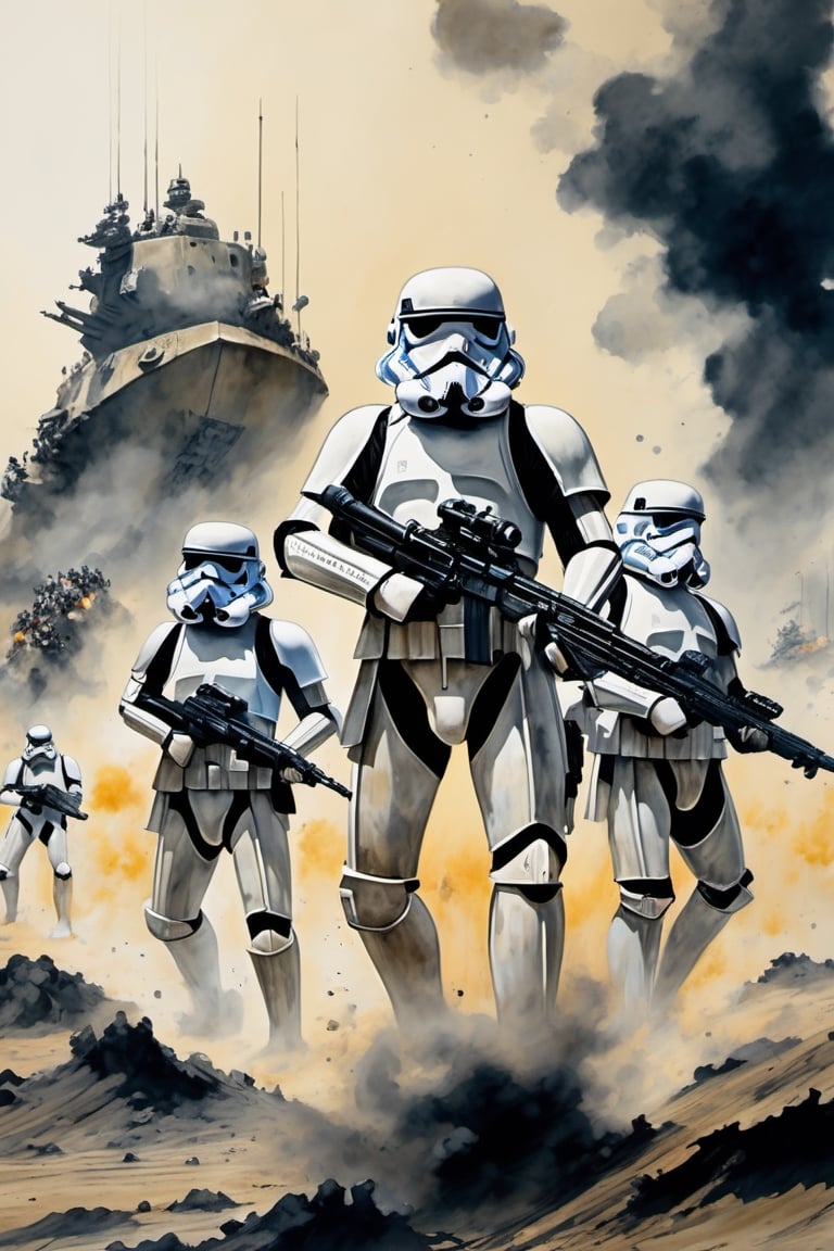 Masterpiece, 8k, dripping paint, chinese ink drawing, 3 stormtroopers standing in smoke-filled battlefield, weathered armor and helmet, sandy, 1000 yard stare, 1080P, under moon