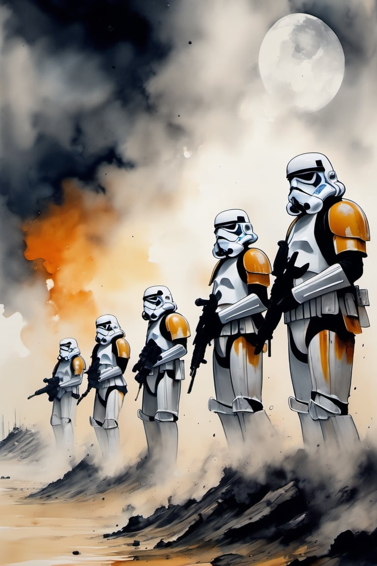 Masterpiece, 8k, dripping paint, chinese ink drawing, 3 stormtroopers standing in smoke-filled battlefield, weathered armor and helmet, sandy, 1000 yard stare, 1080P, under moon