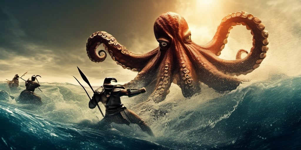 cinematic scene of a group of ( multiple spartans:1.3) fighting a giant octopus monster, very original, hyper realistic, best quality, ultra high resolution, cinematic ilghting, strong depth of field, god rays, dramatic composition, intense fighting masterpiece, very intricate, noir, colorful, original, impressive, outstanding,  lens flare, very clear, stunning sea background, 200mm, 64k, 4000dpi, (RAW, photo),Movie Still,greg rutkowski