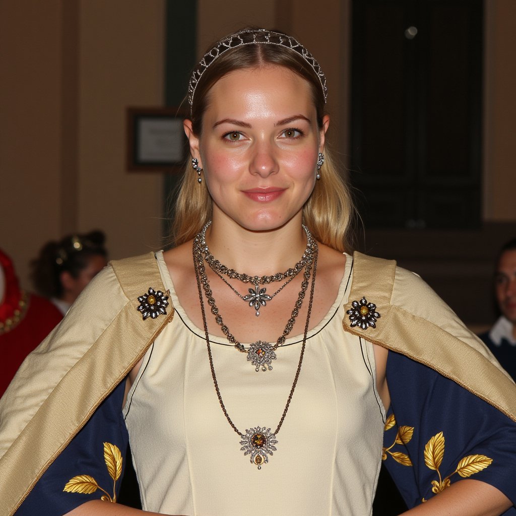 Frontal photograph of a medieval noblewoman in her 20s with an hourglass figure, royal hairstyle, wearing a light tunic, a cape, and jewelry.