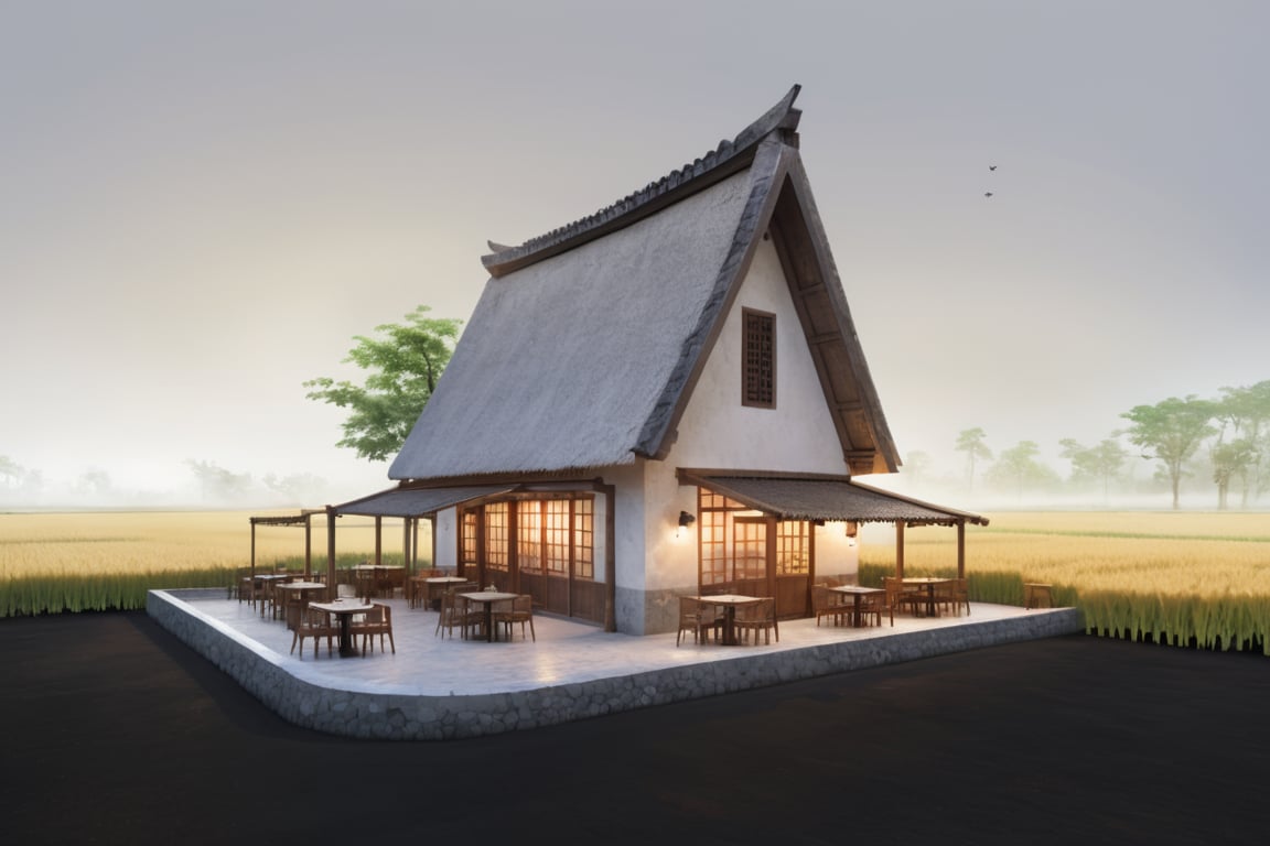 "A countryside-style cafe in the evening ambiance, amidst a rice field. Soft ambient lighting inside the building creates a realistic atmosphere, evoking a natural feeling. There's a gentle mist in the air, enhancing the scene. The materials include soft stones, exposed weathered plaster, and white-painted walls, all contributing to a serene ambiance."