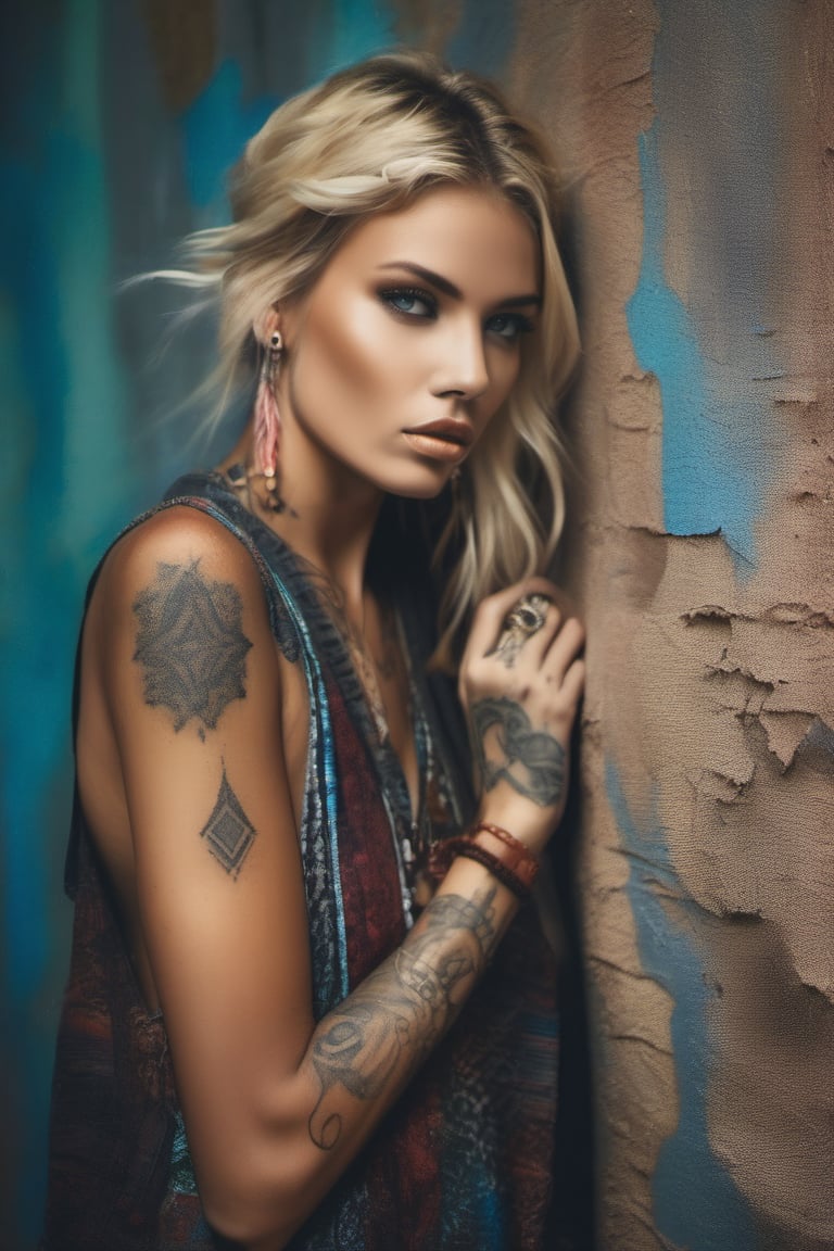 A beautiful woman, slender, tribal meets bohemian, tattoos, piercing, bohemian jewelry, modern, textured peeling wall in background, graphite, raw, gritty, dirty, mix of colors & materials, intricate, detailed, fashion photography,blonde woman,young,photorealism,