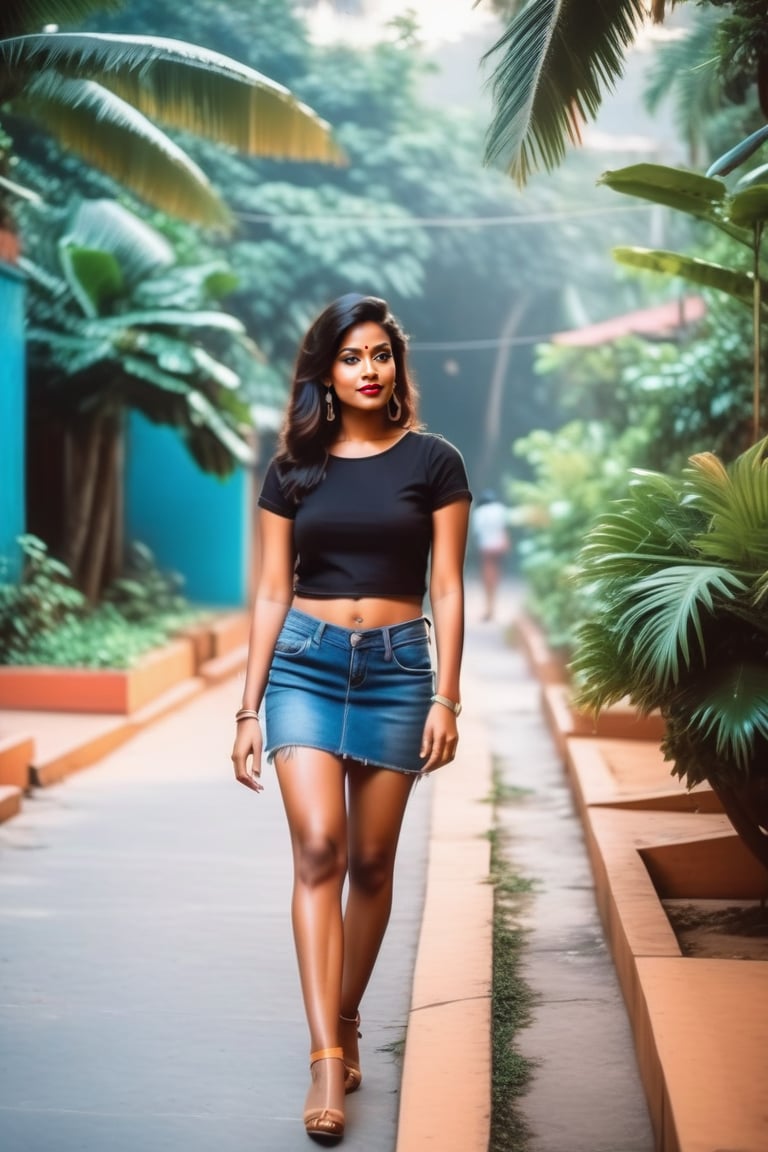 raw realistic photo of a 25 year old Indian woman wearing a tight mini denim skirt, walking outside, cinematic, godlyphoto r3al,detailmaster2,aesthetic cinematic colors, earthy, full body, inst4 style, side view,Beautiful Indian girl,India,(((photorealism:1.4)))