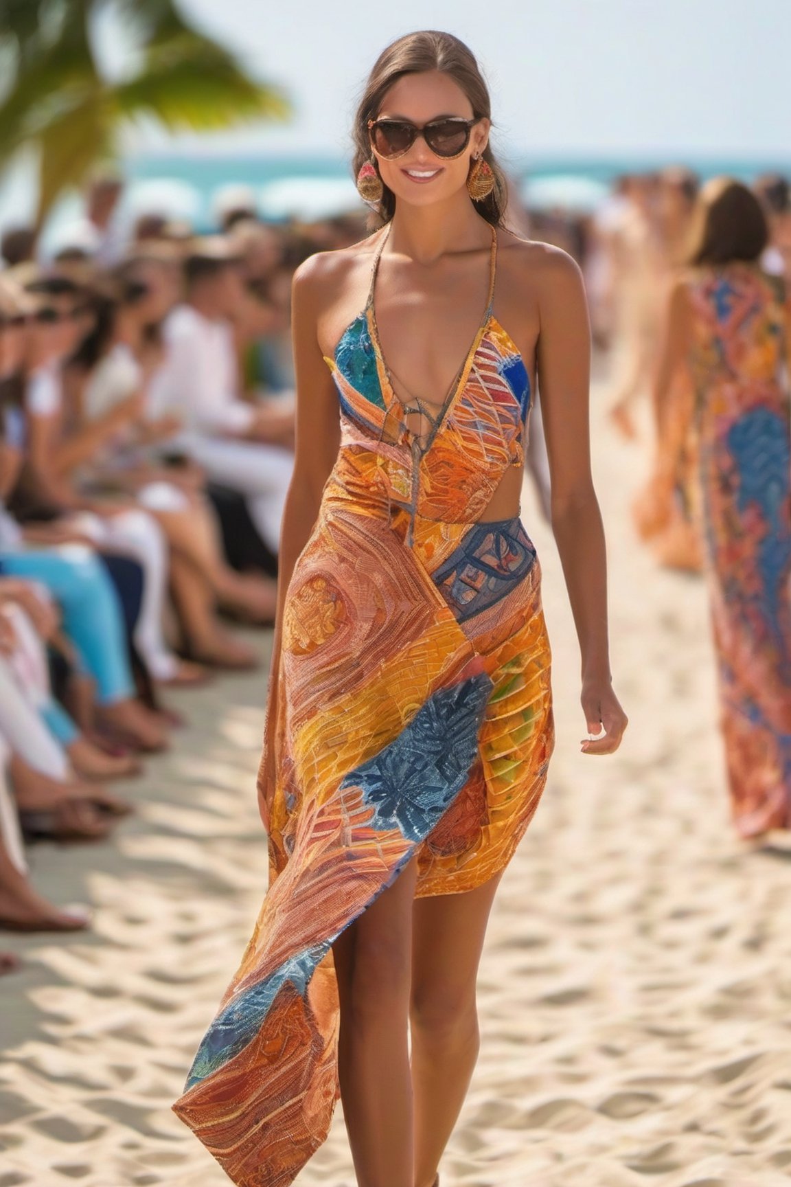 Gorgeous model strutting the runway at a fashion show, wearing breathtaking summer outfits with intricate batik pattern details. The outdoor view near the beach highlights every smallest detail, making the catwalk come alive. 
