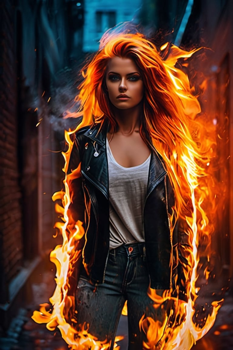 photography of female fire elemental lost and afraid in city, fantasy meets reality, helpless creature, fire hair, glowing eyes, fantasy creature in modern world, lost in dark alley, cute innocence look, pov_eye_contact,beauty, masterpiece, analog, realism