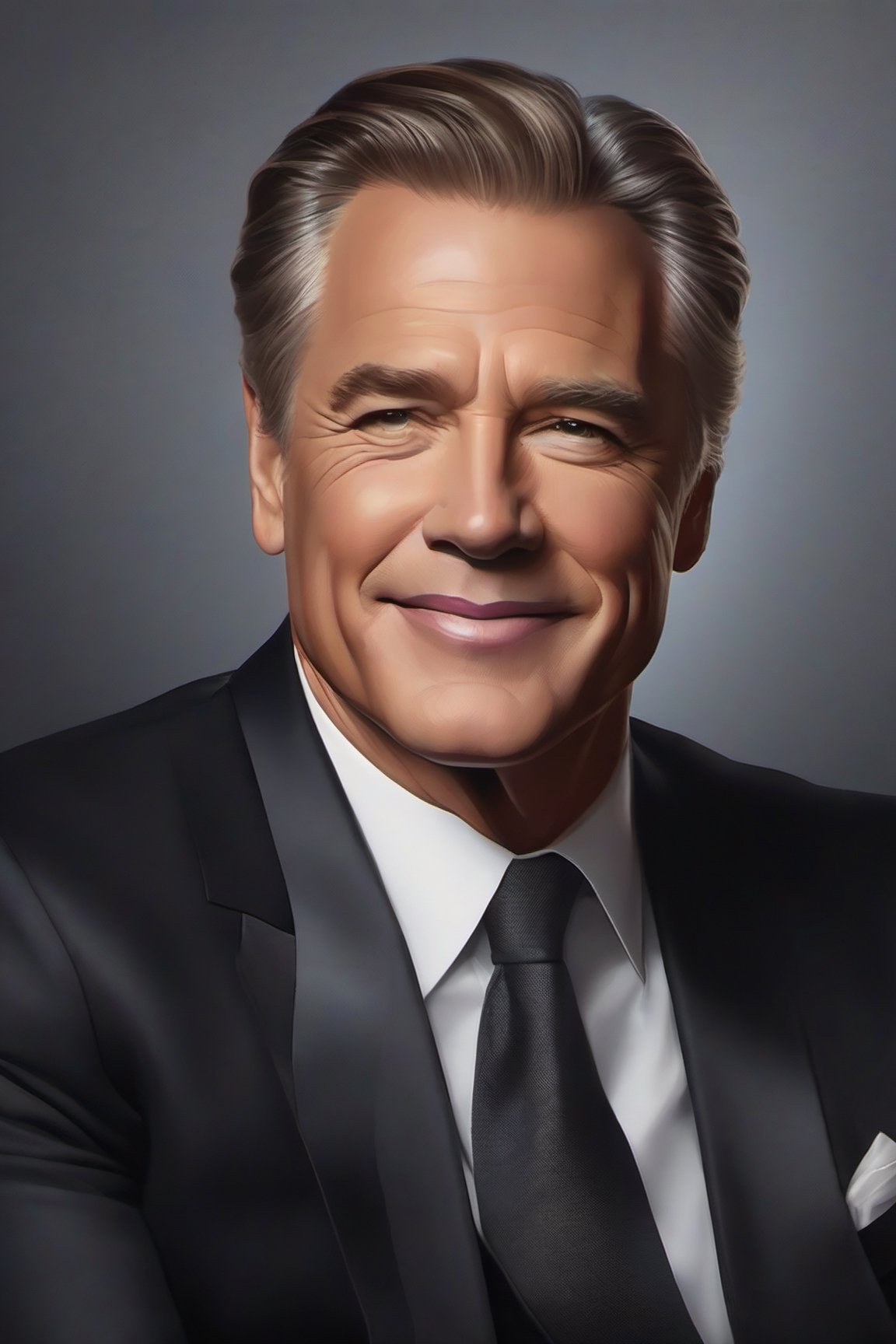 "Create a lifelike digital portrait of a renowned Hollywood star, capturing their distinctive features, signature style, and charismatic presence, set against a backdrop that reflects their most iconic movie roles and career highlights."