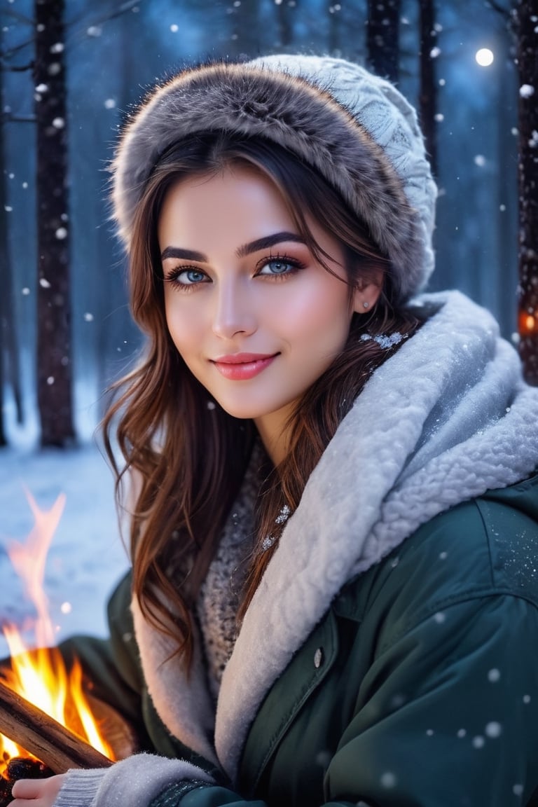 Create a yourself as female beauty,  high detailed,  forest background,, photo realistic,  high quality, a small smile,  wide raange of colours., photo r3al, detailmaster2, ,gray eyes,(night time,)snow falling, winter clothes, jewelry, snow background,moon light,he sits and warms himself by the fire,light comes only from fire,
