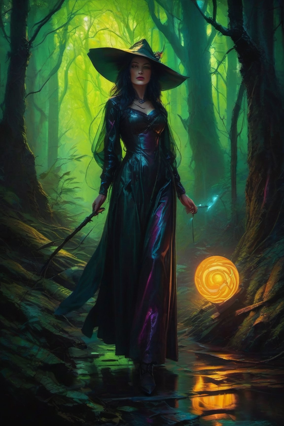 old witch in a creepy forest, dark forest, textured Speedpaint with large rough brush strokes and paint splatter, masterpiece, trending on artstation, oil on canvas, highly detailed fine art, ink painting of a mystical dark fairy forest!! hyperrealism , Pixar gloss, polished, colorful, deep_color vibrant, by Jordan Grimmer, John Howe, Julie Bell, Dan Mumford, comicbook art , perfect_concept art ,3D shading , bright_colored background radial gradient background , centered.,Mechanical part,neon photography style