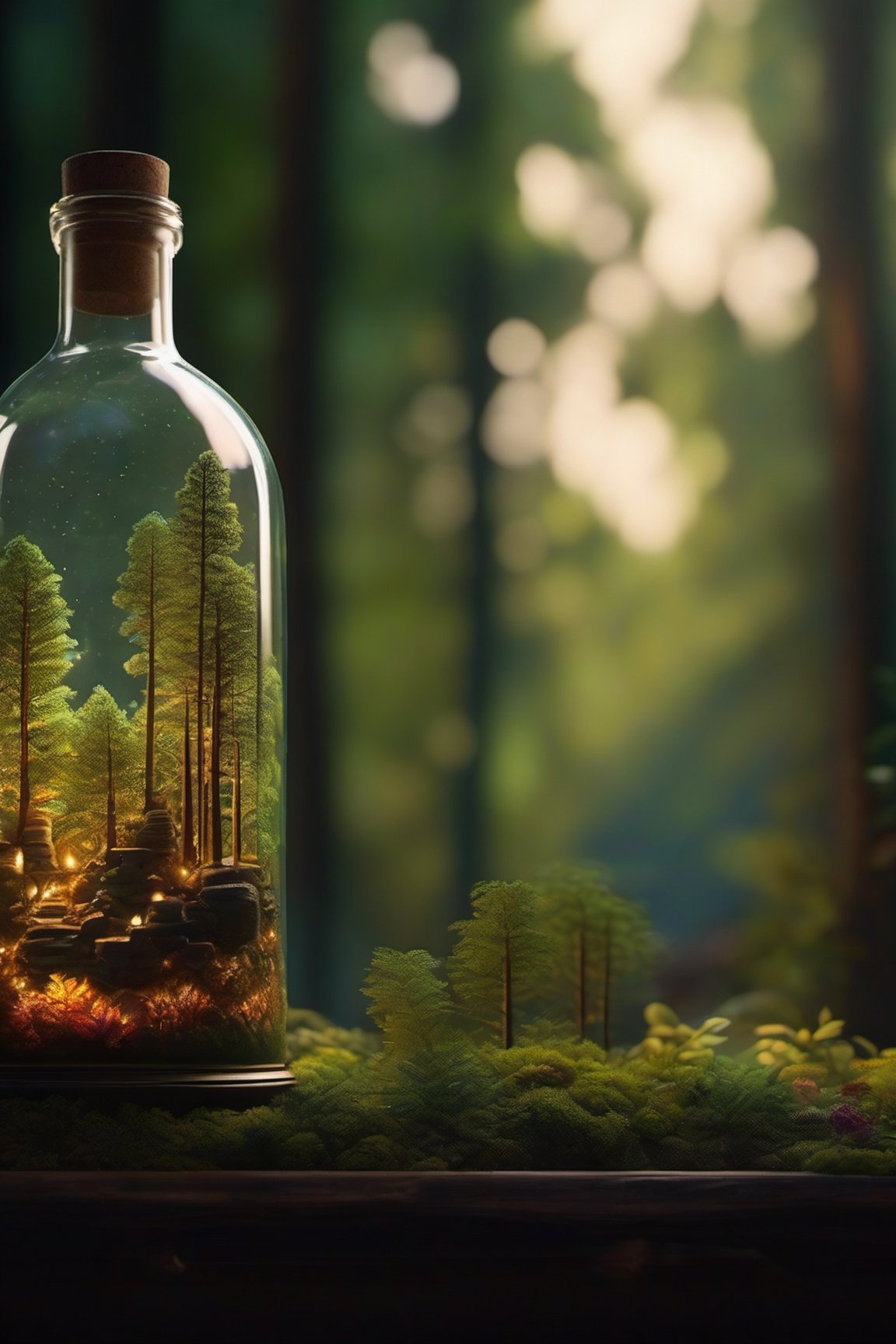 (An intricate forest minitown landscape trapped in a bottle), atmospheric oliva lighting, on the table, 4k UHD, dark vibes, hyper detailed, vibrant colours forest background, epic composition, octane render, sharp focus, high resolution isometric.