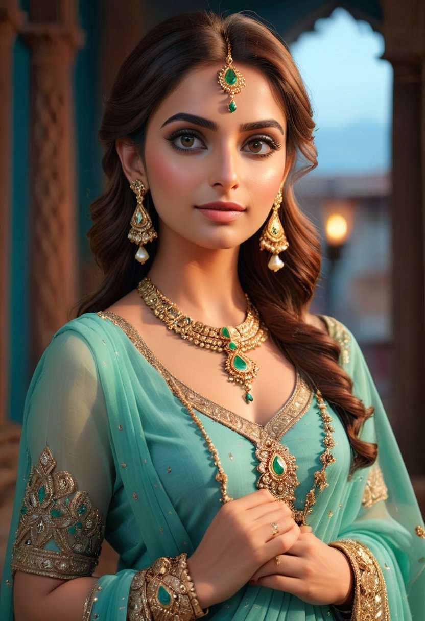 pakistani woman in a simple but elegent dress , wearing dupata, simple , hyper realistic , 8k , beautiful women , fantastic eyes , a very light makeup,no jewelery , small neck of dress