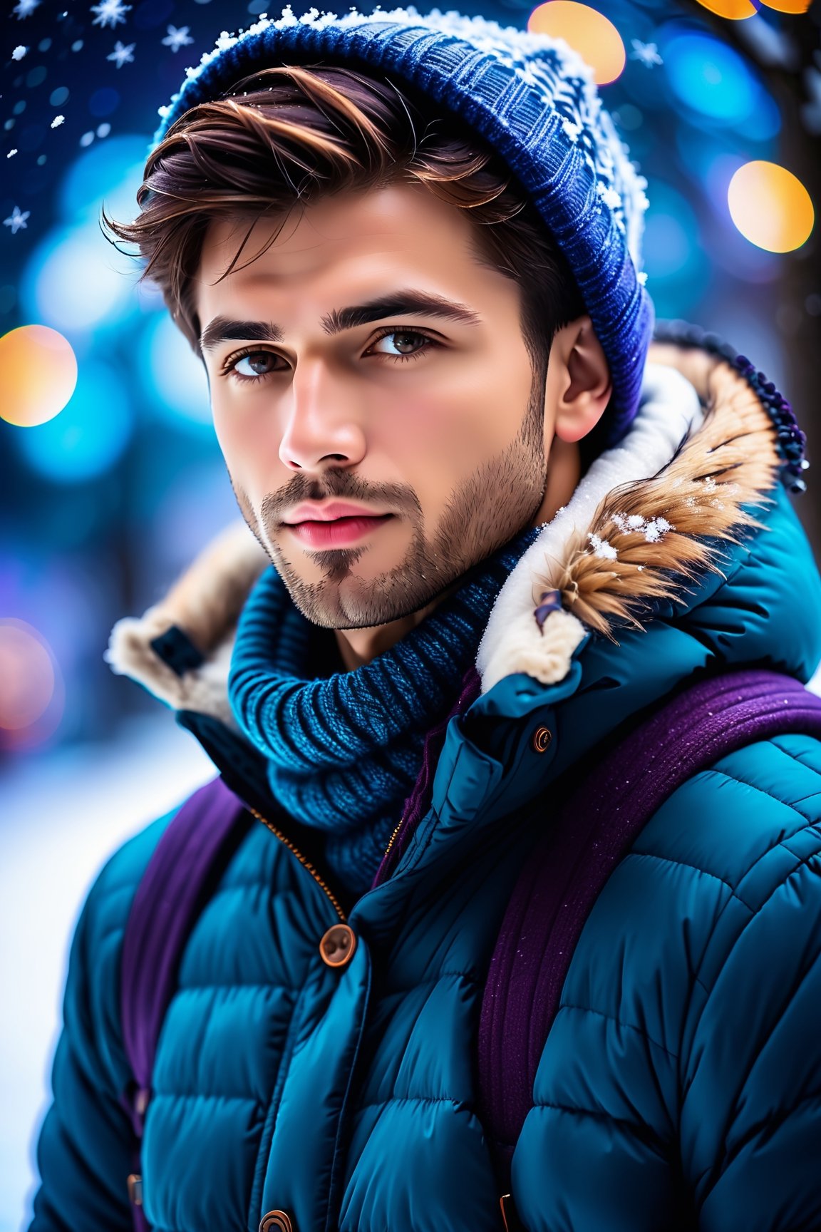 close up angle of (( winter clothes male)),  detailed focus, deep bokeh, beautiful, dreamy colors, dark cosmic background, best camera, snow, 