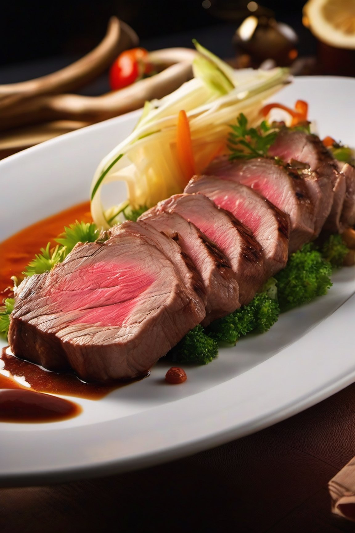 Capture a close-up shot of a mouth-watering sliced beef medium rare barbeque , exuding tempting allure, at 3 Stars MICHELIN restaurant. This gourmet scene showcases clean composition, dramatic soft lighting, and luxurious elegance. The centered composition emphasizes the indulgent appeal. The evening setting, under the expertise of a food stylist, brings out the irresistible beauty of the high-end culinary creation.