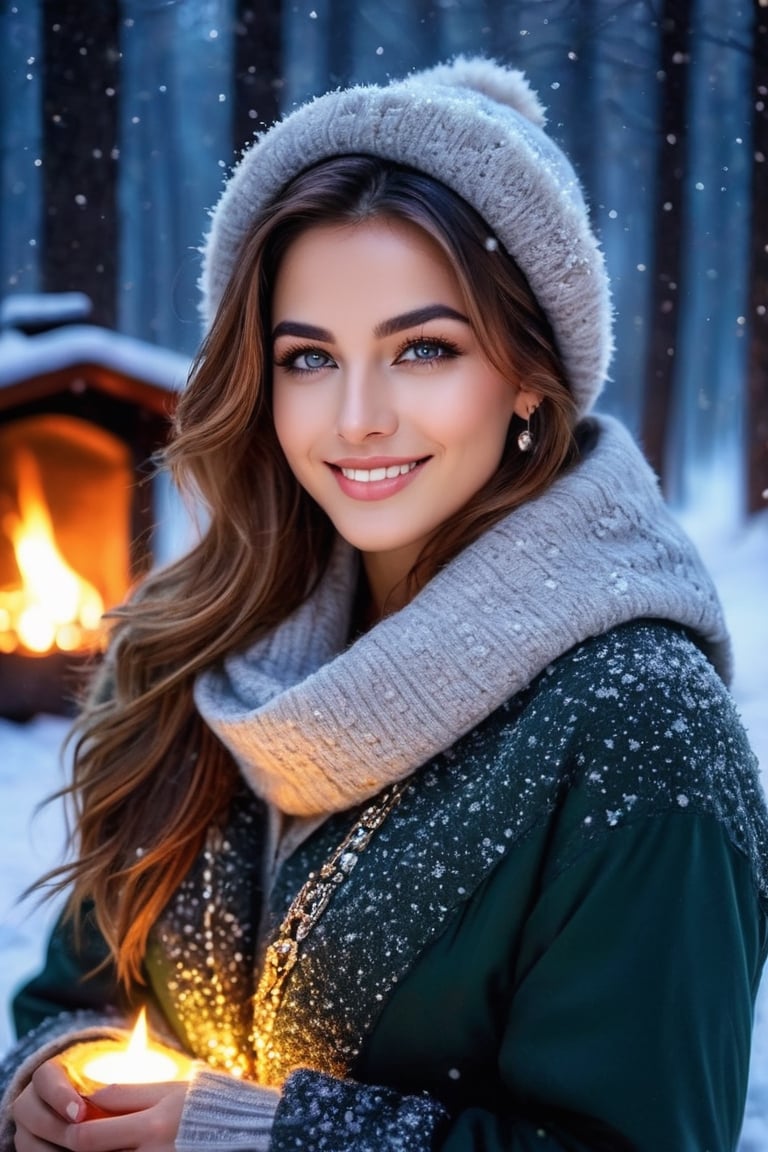 Create a yourself as female beauty,  high detailed,  forest background,, photo realistic,  high quality, a small smile,  wide raange of colours., photo r3al, detailmaster2, ,gray eyes,(night time,)snow falling, winter clothes, jewelry, snow background,moon light,he sits and warms himself by the fire,light comes only from fire,
