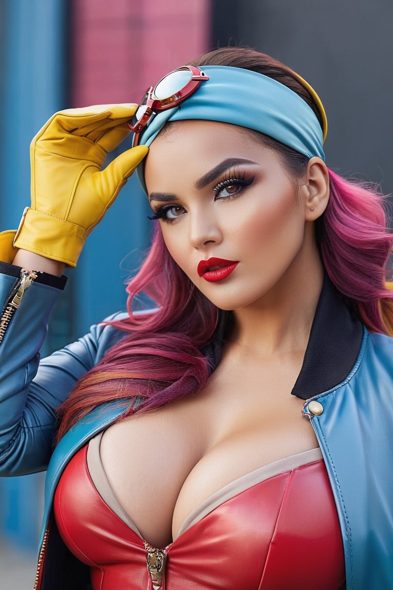 Create a stunning women, looking at viewer, Huge breasts, voluptuous, jacket, parted lips,belt, open jacket, lips, exposed_navel, makeup, headband, outstretched arm, lipstick, multicolored clothes, buckle, belt buckle, red lips, yellow gloves, specular highlights, Rogue of the X-men, nice hands,Detailedface,photo of perfecteyes eyes,leonardo
