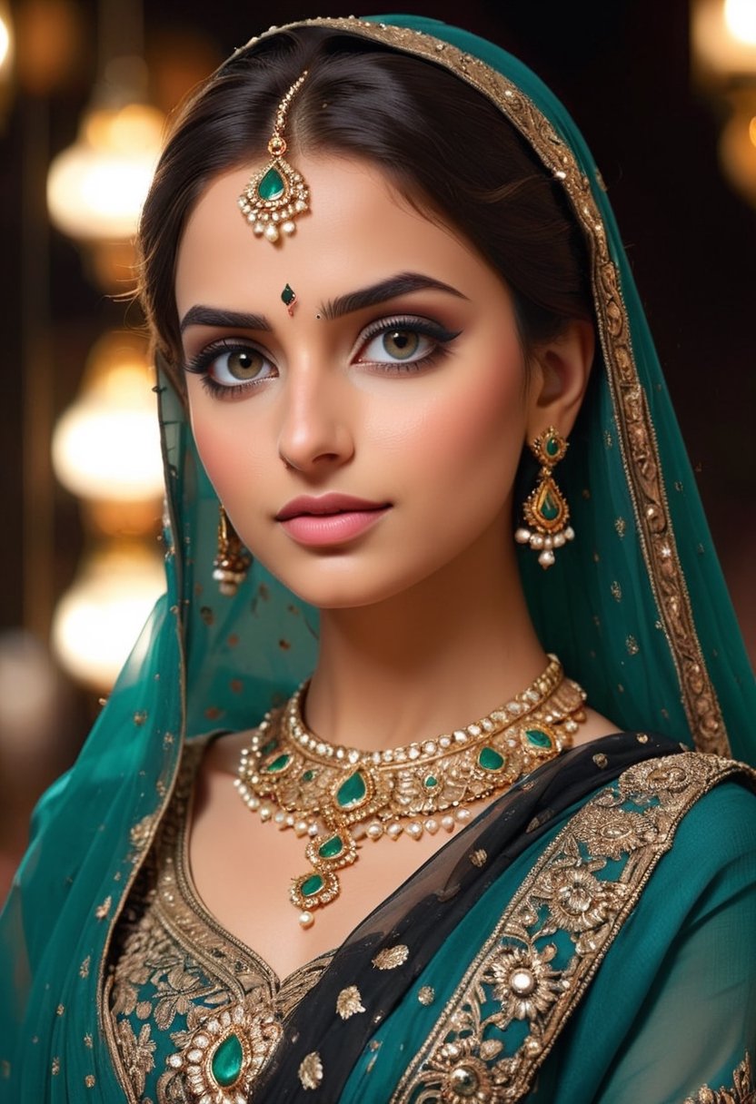 pakistani woman in a simple but elegent dress , wearing dupata, simple , hyper realistic , 8k , beautiful women , fantastic eyes , a very light makeup,no jewelery , small neck of dress, black color shalwar qameez , traditional dress look 