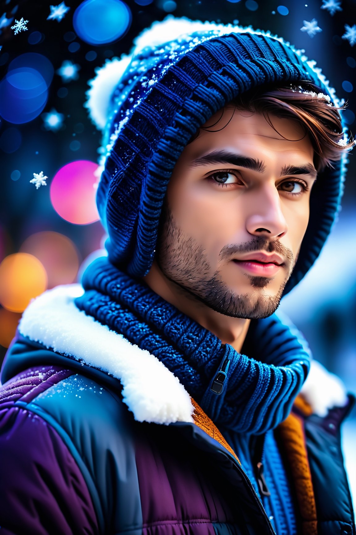 close up angle of (( winter clothes male)),  detailed focus, deep bokeh, beautiful, dreamy colors, dark cosmic background, best camera, snow, 