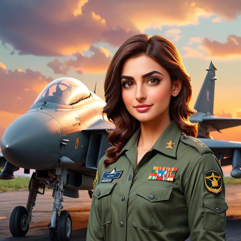 a pilot of pakistan army (women) , handsome , young front pose , infront of a fighter plane , wearing uniform , hyper realistic , 8k