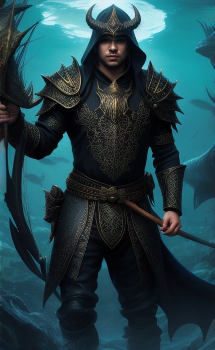 a fisherman in his blue sea, in the style of dark fantasy creatures, kushan empire, devilcore, intricate costumes, highly realistic, intel core, vibrant illustrations
