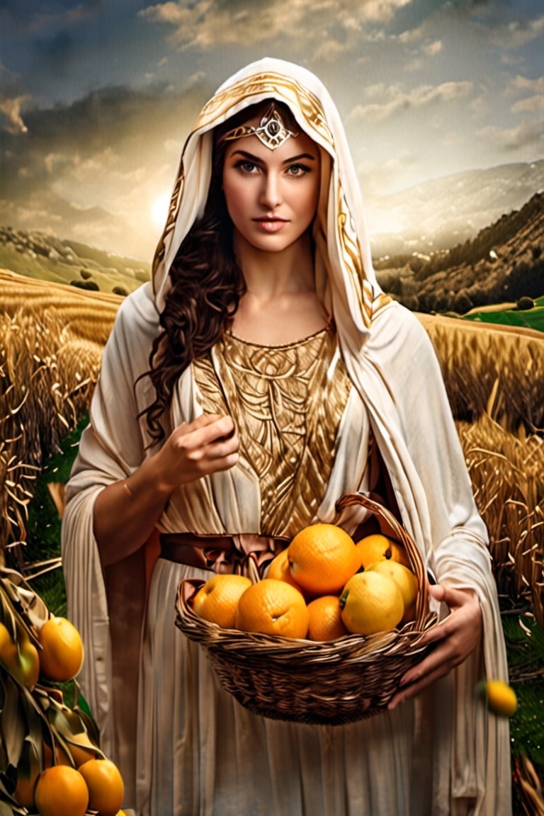 realistic wallpaper image, loving greek goddess Demeter, goddess of the harvest and food, stunning face, cruel and mischievous, smirk, looking down and towards viewer, ultra detailed hooded cloak, symmetrical burning eyes, perfect skin, emboldened, taken with DSLR 150mm lens, shutter speed 1/100, raw color, dramatic, intricately detailed fantasy (ancient greek rural) background, cinematic lighting, textures of natural reflections, action pose, asymmetrical position, 8k, uhd, sfw