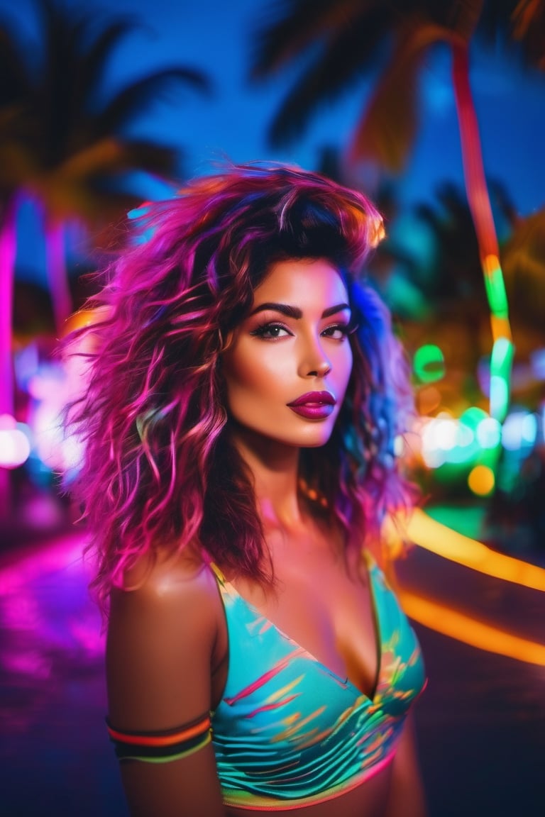 beautiful 80's woman with lots of colored streaks in her hair. bright lights and a retro style background with coconut trees in the background. The photograph will be captured with a long exposure and a saturated density filter that will help capture city lights, with very high contrast, synthwave, vivid and bright colors, 8k, dark colors contrasting with very saturated colors.