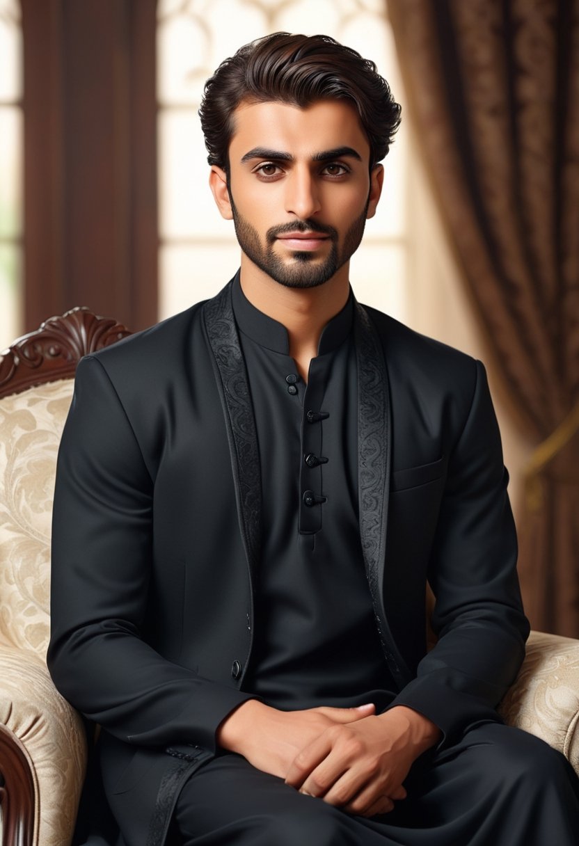 create portrait of a pakistani men , wearing black shalwar kameez , also wearing a shawl , handsome boy , 8k , hyper realistic , sitting on a sofa chair , ultra realistic 